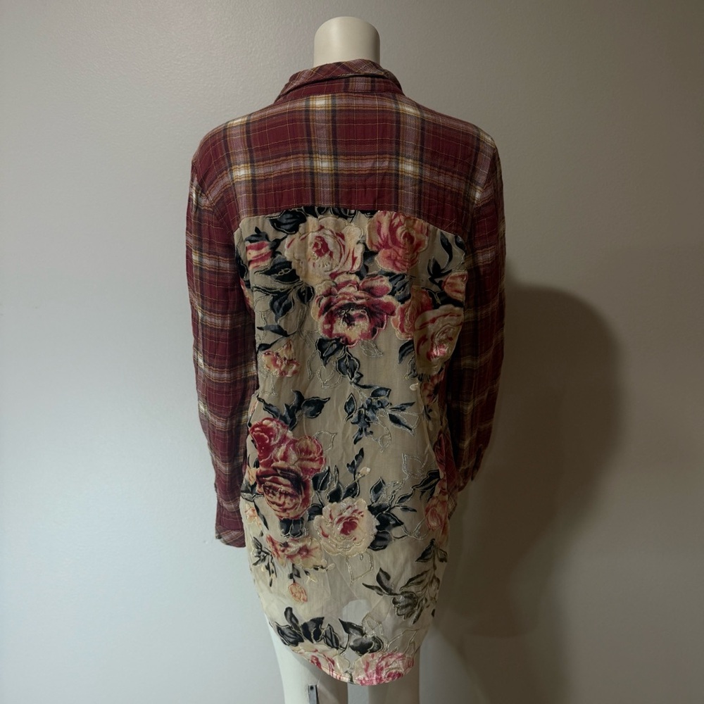 Aratta Silent Journey Heart Breaker Gauzy Plaid & Roses Burnout Shirt Size Med - Picture 4 of 11